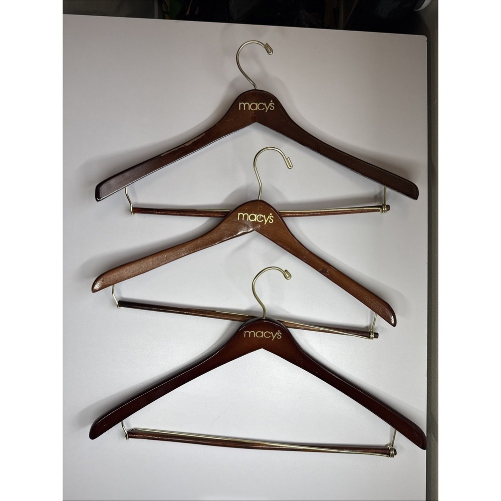 Lot of 3 VTG Macy's Wooden Hangers Brown for Pants Suit Jacket Suits Shirt Coat